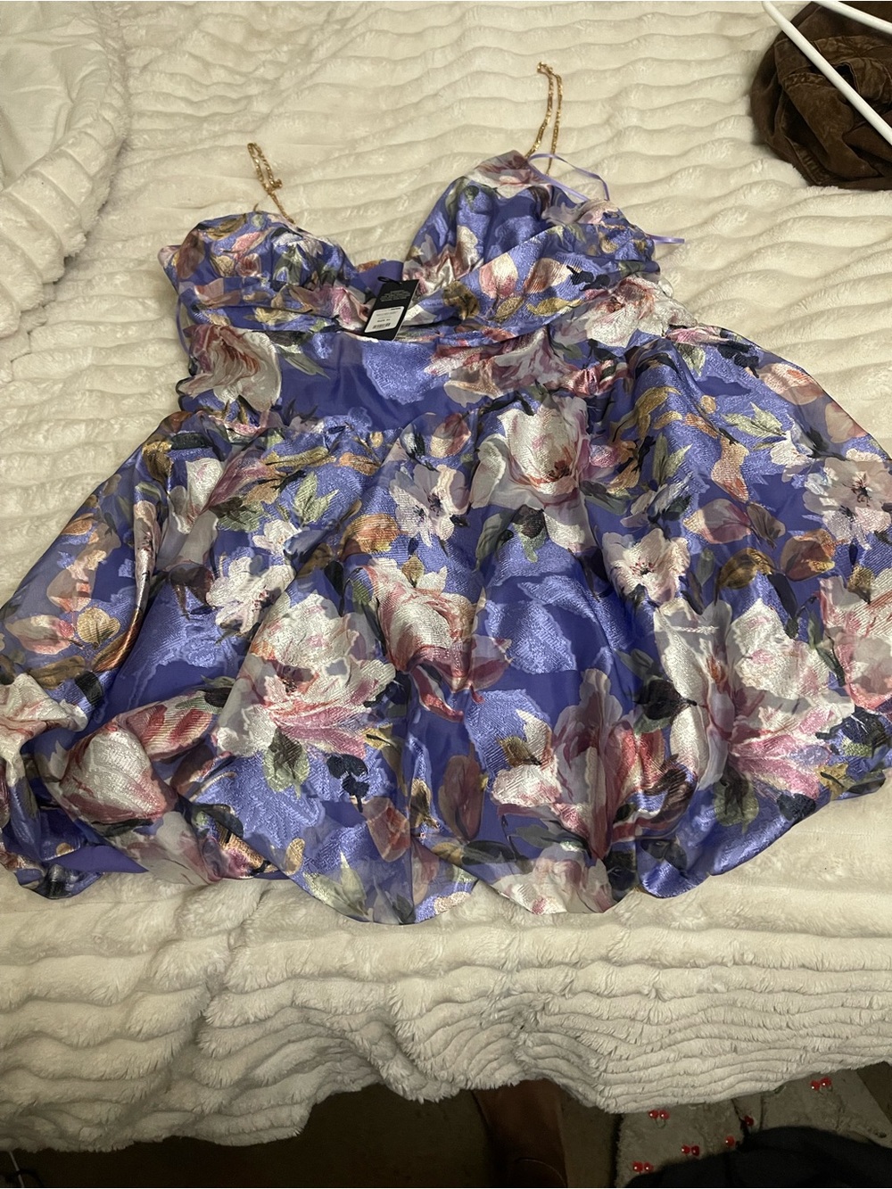 Fashion Nova Purple Floral Mini Dress with Gold Chain Straps - Picture 2 of 7